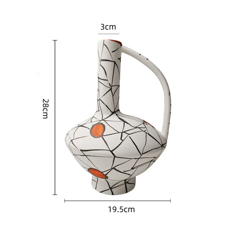 Afralia™ Geometric Line Ceramic Vase with Fringe Decoration