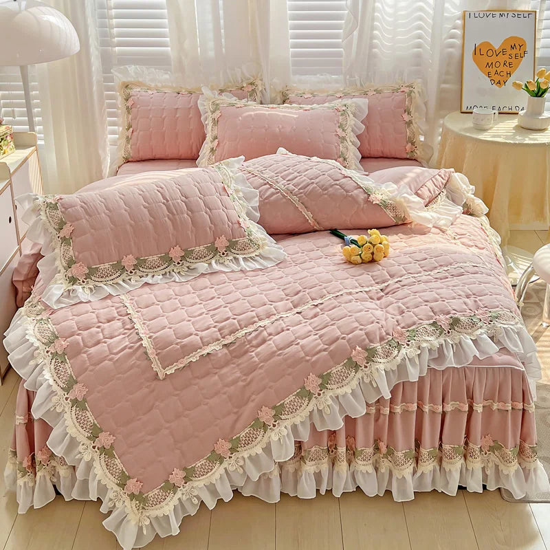 Afralia™ Korean Princess Bedding Set: Flowers, Lace, Ruffles, Embroidery, Quilted, Duvet Cover, Bedspread