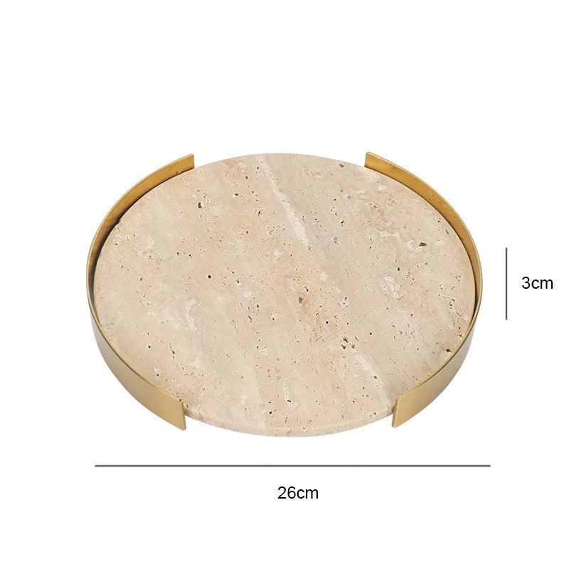 Afralia™ Beige Brown Travertine Marble Tray with Metal Frame