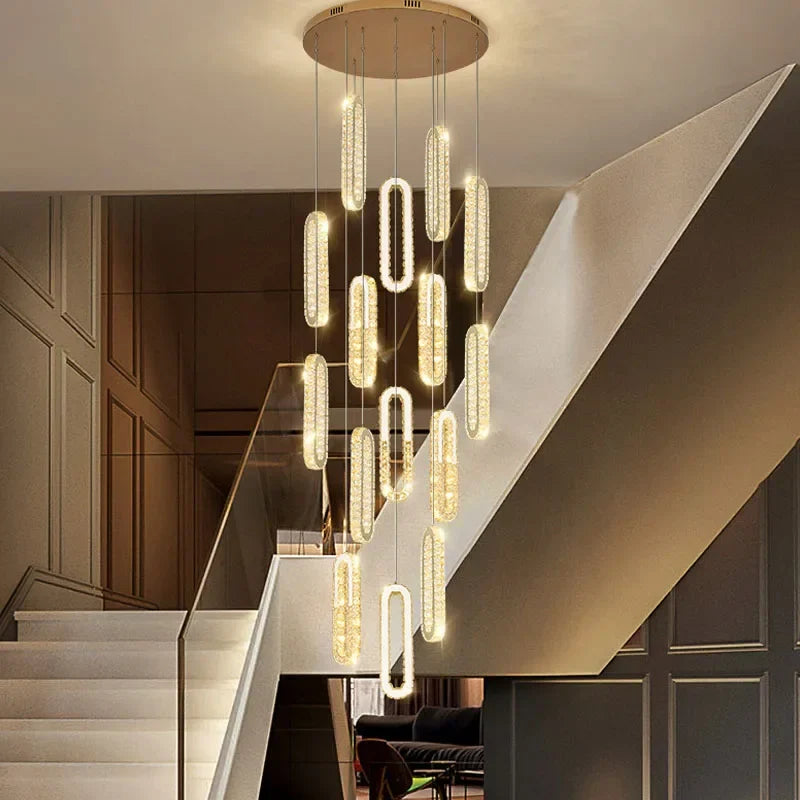 Afralia™ Luxury Gold Crystal LED Chandelier for Staircase and Living Room