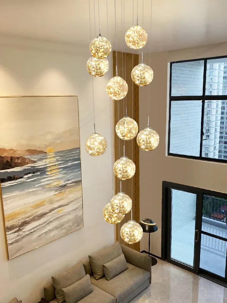 Afralia™ Gold LED Glass Chandelier: Minimalist Round Ball Staircase Lighting Fixtures