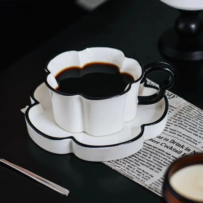 Afralia™ Black Edged Flower Mug Set - Ceramic Cup & Saucer for Tea, Coffee, and Juice