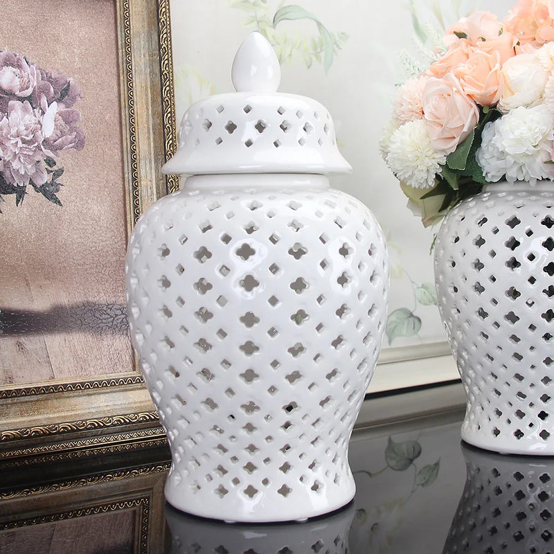 Afralia™ White Hollow General Jar - Ceramic Ornamental Storage Vase with Lid