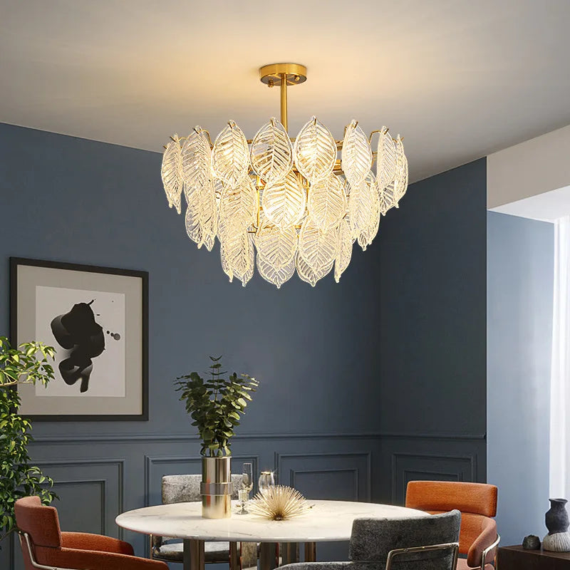 Afralia™ Leaf Glass Chandelier Pendant Light Luxury Dining Room Ceiling Fixture