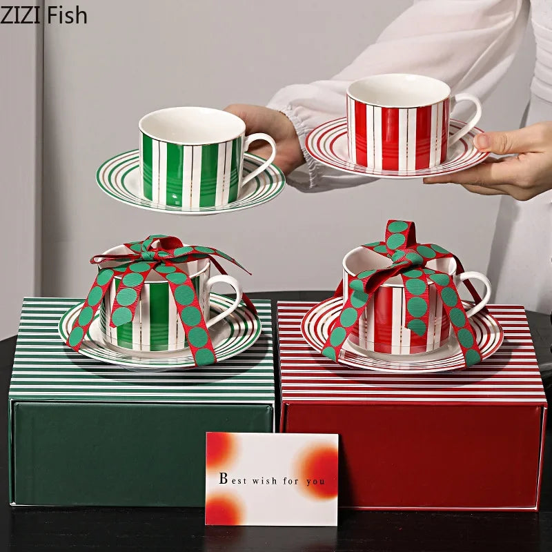 Afralia™ Striped Ceramic Cup & Saucer Set for Tea & Coffee - 250ml