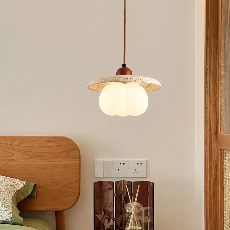 Afralia™ Pumpkin Glass Pendant Lights Yellow Travertine Hanging Lamp for Kitchen Bedroom Decor