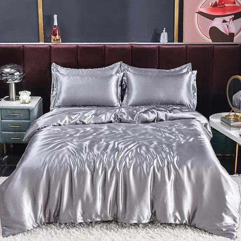 Afralia™ Summer Grey Rayon Silk Bedding Set - Smooth Satin Comforter Kit