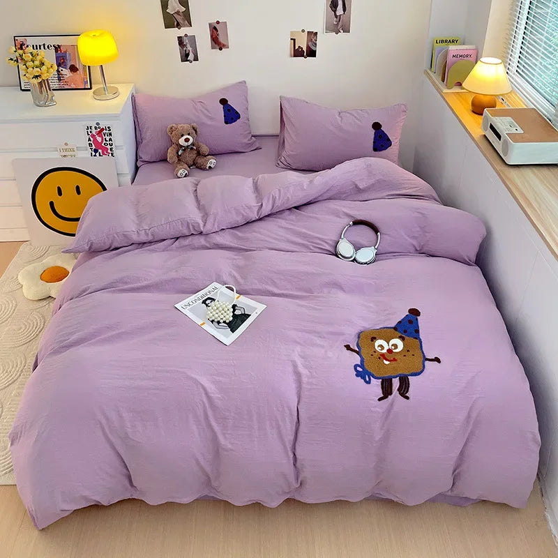 Afralia™ Cartoon Towel Embroidery Bedding Set in Soft Washed Cotton for Kids