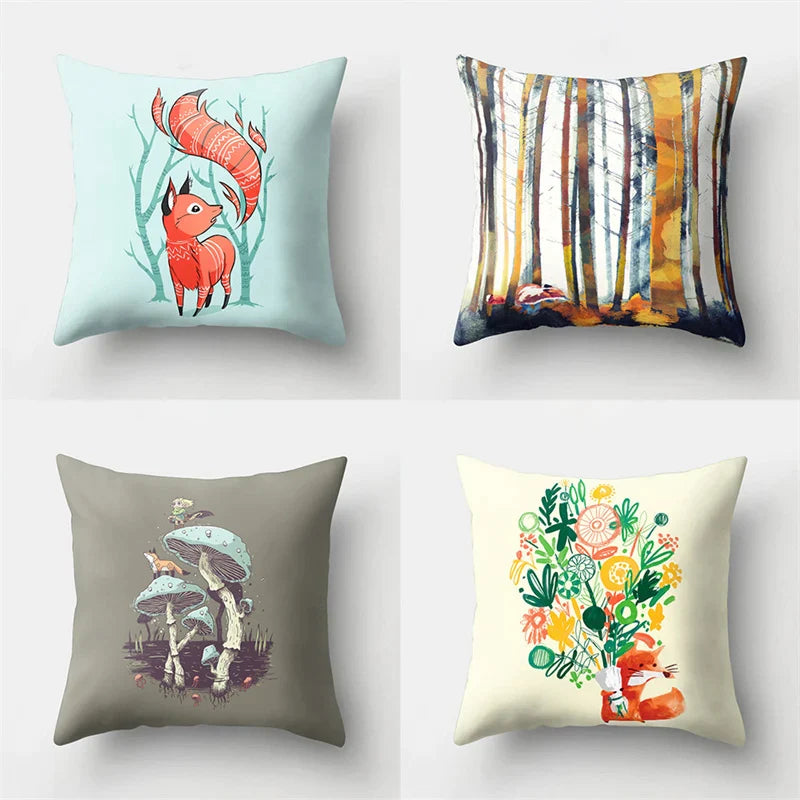 Fox Animal Sofa Pillowcase by Afralia™ - Cartoon Bird Landscape Design for Home Decoration