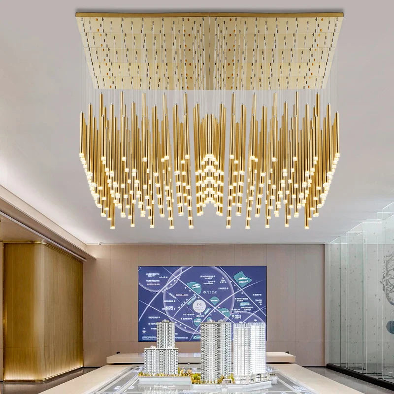 Afralia™ Golden Tube LED Chandelier for Modern Duplex Villa Living Room Staircase