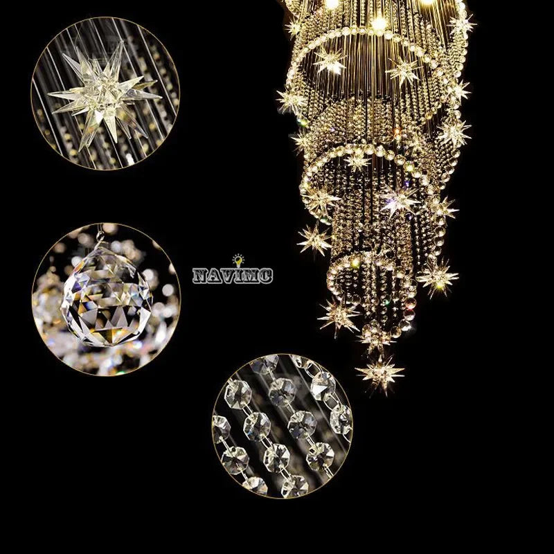 Afralia™ Moon & Star Crystal Chandelier: Spiral Design for Lobby and Staircase Lighting