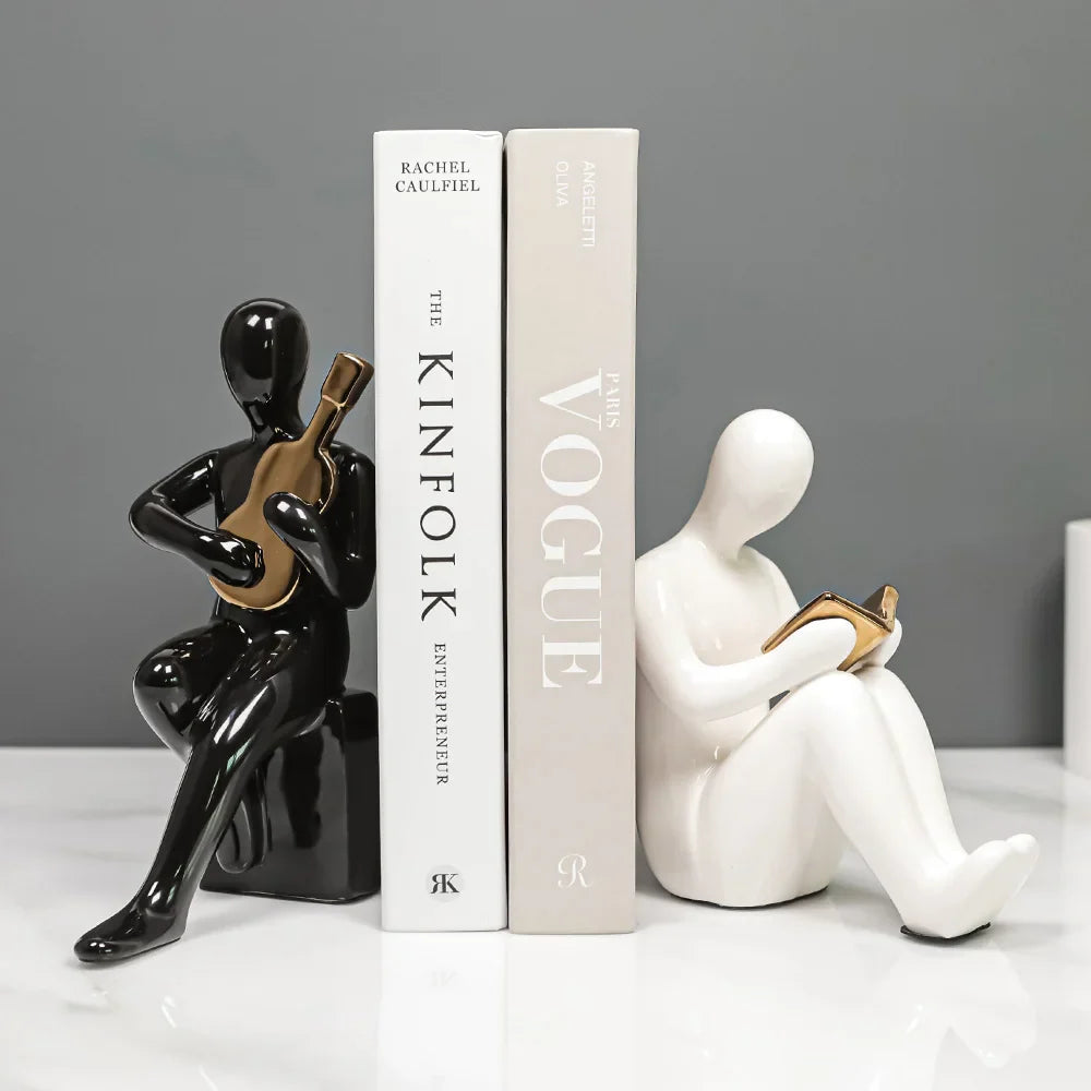 Afralia™ Abstract Nordic Style Ceramic Character Bookends Set for Office Bookcase Decor