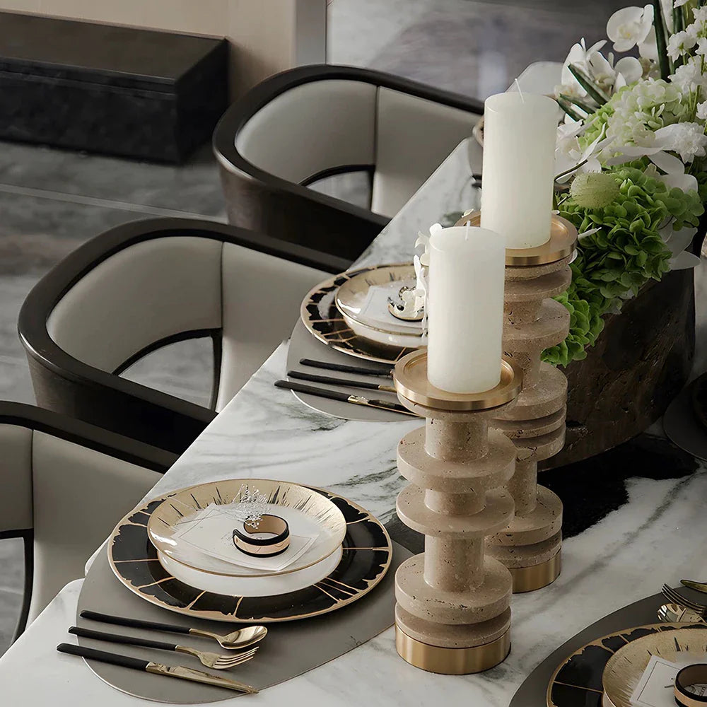 Afralia™ Beige Brown Travertine Marble Candle Holder with Metal Base