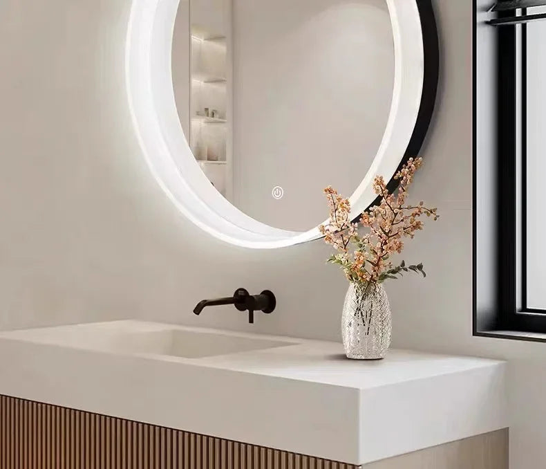 Afralia™ Smart Defog Round Makeup Mirror with Shelf for Modern Bathroom