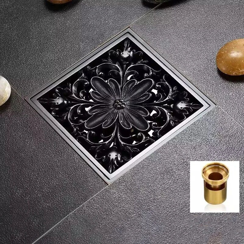 Afralia™ Black Brass Shower Drain Strainer Floor Cover Square Art Carved Grate Basins SY-073R