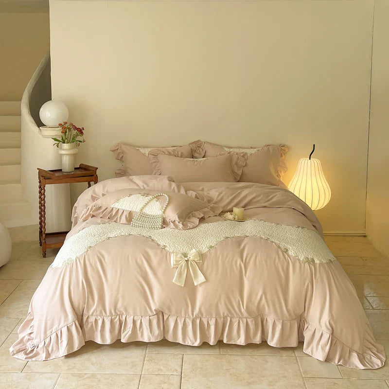 Afralia™ Lace Embroidery Princess Bedding Set - Duvet Cover, Sheet, Pillowcases - Blue Pink Purple