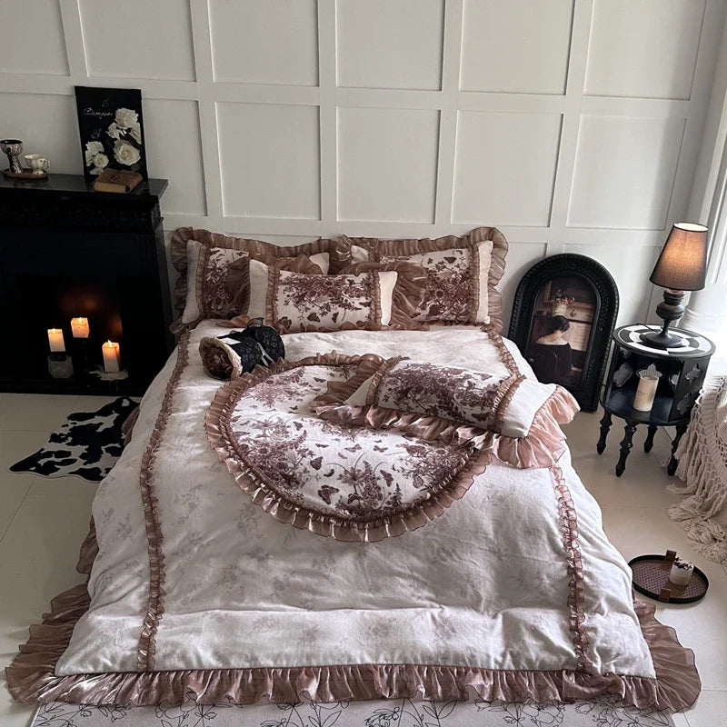 Afralia™ Butterfly Flowers Lace Velvet Bedding Set with Ruffles - Full Bed Linen Collection