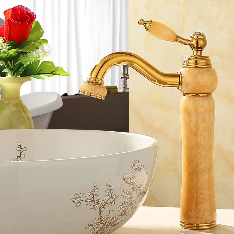 Afralia™ Gold Jade Brass Bathroom Basin Faucet | Deck Mounted Hot Cold Water Mixer
