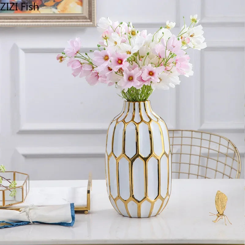 Afralia™ White Gilt Stripes Ceramic Vase - Modern Home Decor & Office Craft