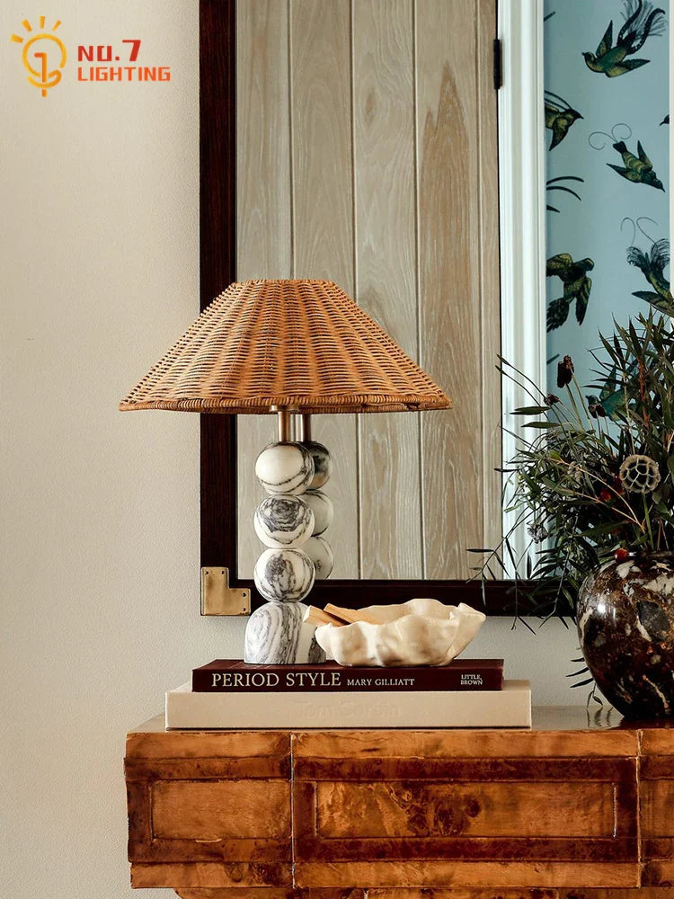 Afralia™ Wabi-Sabi Marble Table Lamp LED Rattan Weaving Desk Light for Home & Hospitality