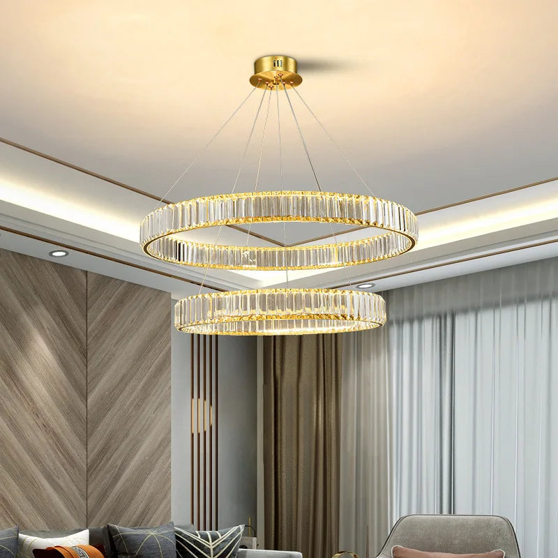 Luxury Gold Round Crystal Pendant Chandelier | Afralia™ Design for Living/Dining Room Lighting