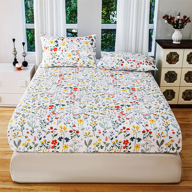 Afralia™ Pastoral Flower Print Fitted Sheet for Queen Double Mattress, Skin-Friendly Decor