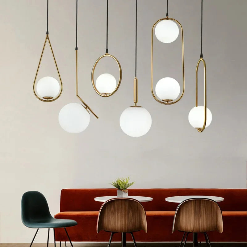 Afralia™ Gold Ring Glass Ball Pendant Light Fixture for Bedroom Living Room.