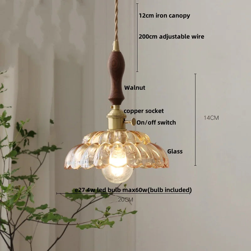 Afralia™ Nordic LED Pendant Light Walnut Glass Copper Kitchen Bar Hanging Lamp