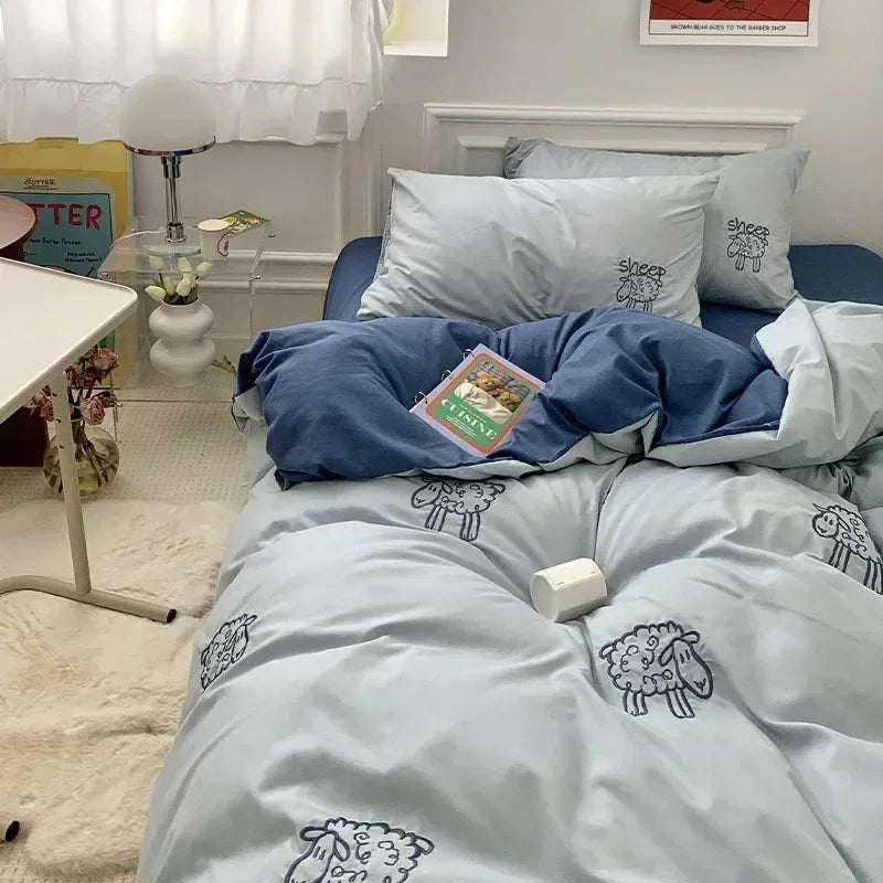 Afralia™ Cute Bear & Sheep Embroidery Bedding Set for Single/Double Bed