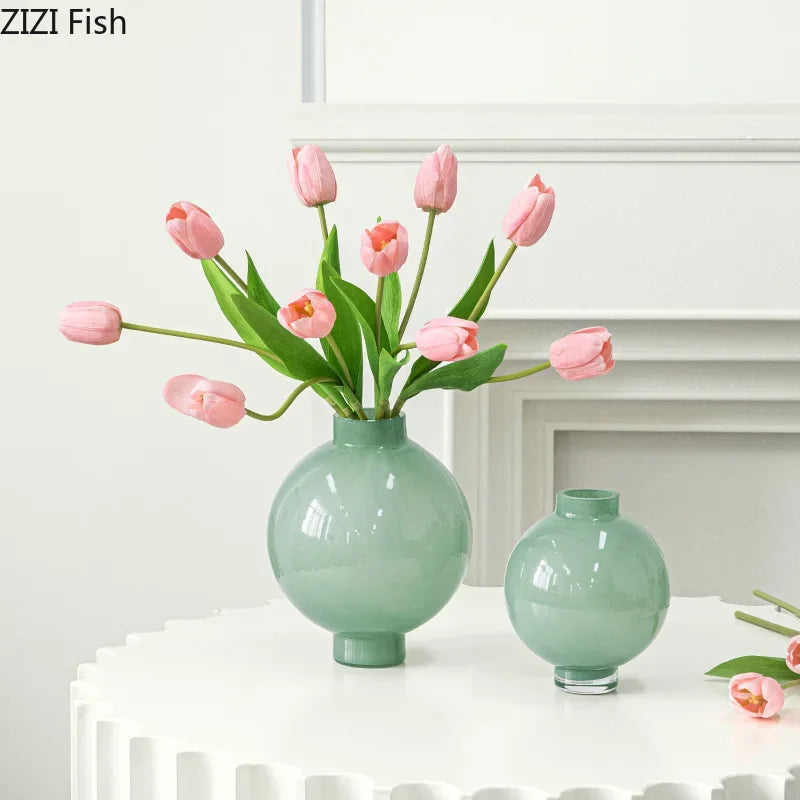 Afralia™ Round Green Glass Vase for Hydroponics & Floral Arrangement