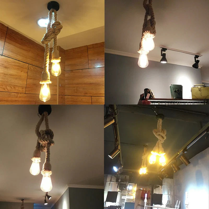 Afralia™ Vintage Hemp Rope Pendant Light E27 LED Industrial Lamp Loft Home Decor