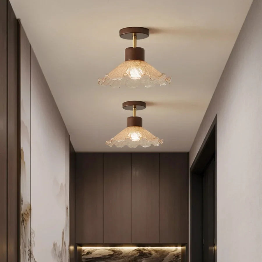 Afralia™ Amber Glass Wood LED Ceiling Light Fixture for Modern Living Room.