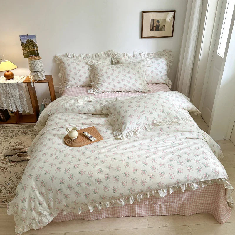 Afralia™ Floral Lace Ruffle Bedding Set, Fresh Flower Single Duvet Cover, 100% Cotton