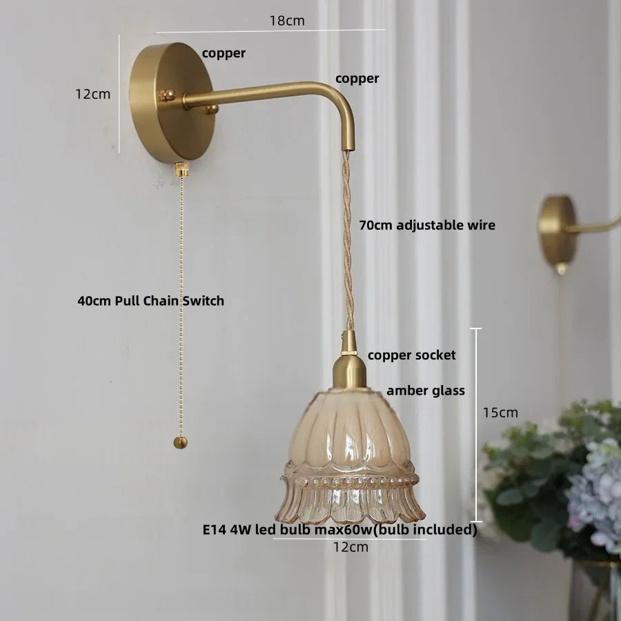 Afralia™ Amber Glass LED Wall Light with Pull Chain Switch, Modern Nordic Flower Wall Sconce