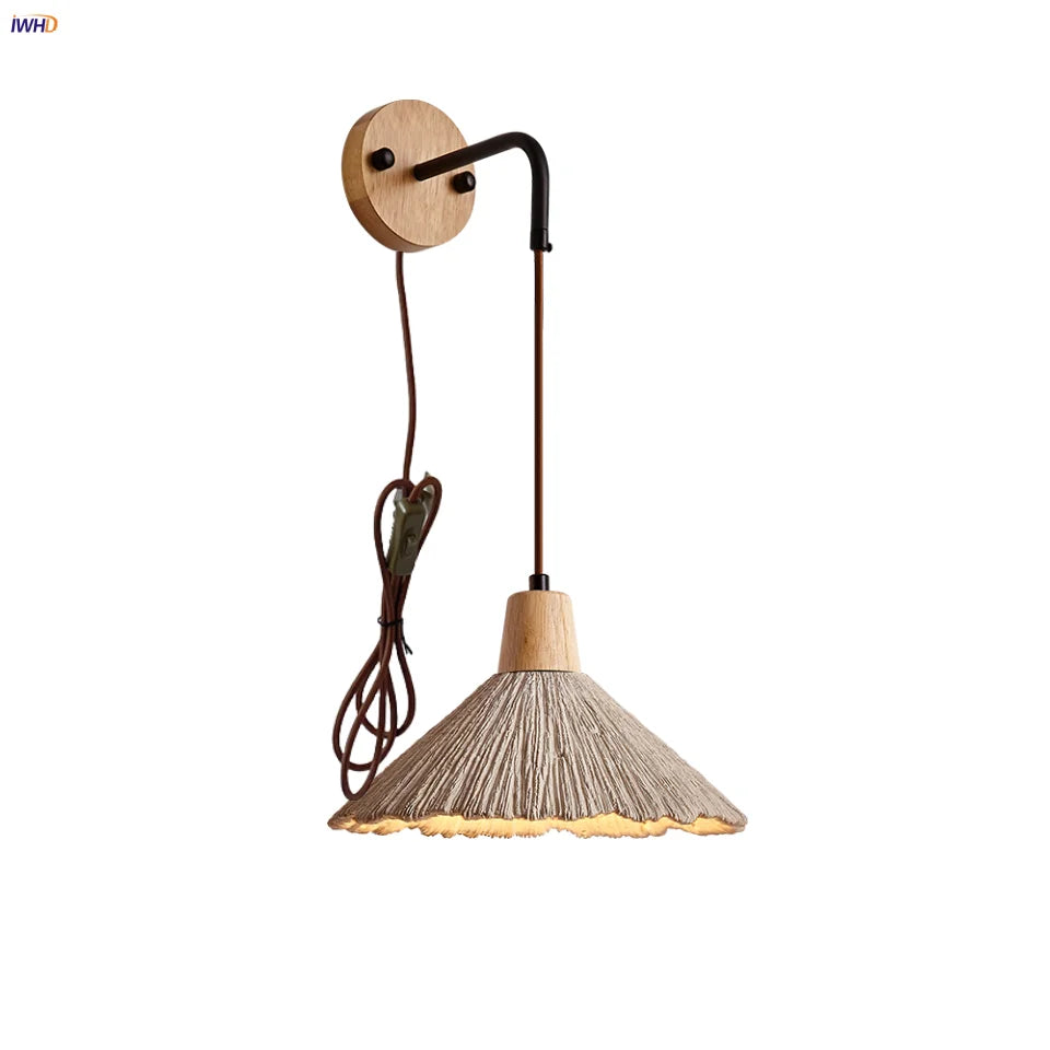 Afralia™ Nordic LED Wall Sconce Wood Cement Interior Home Decor Plug-In Bedside Light
