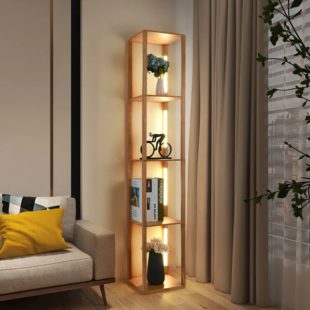 Afralia™ Wood LED Shelf Floor Lamp - Nordic Modern Standing Lighting with Storage