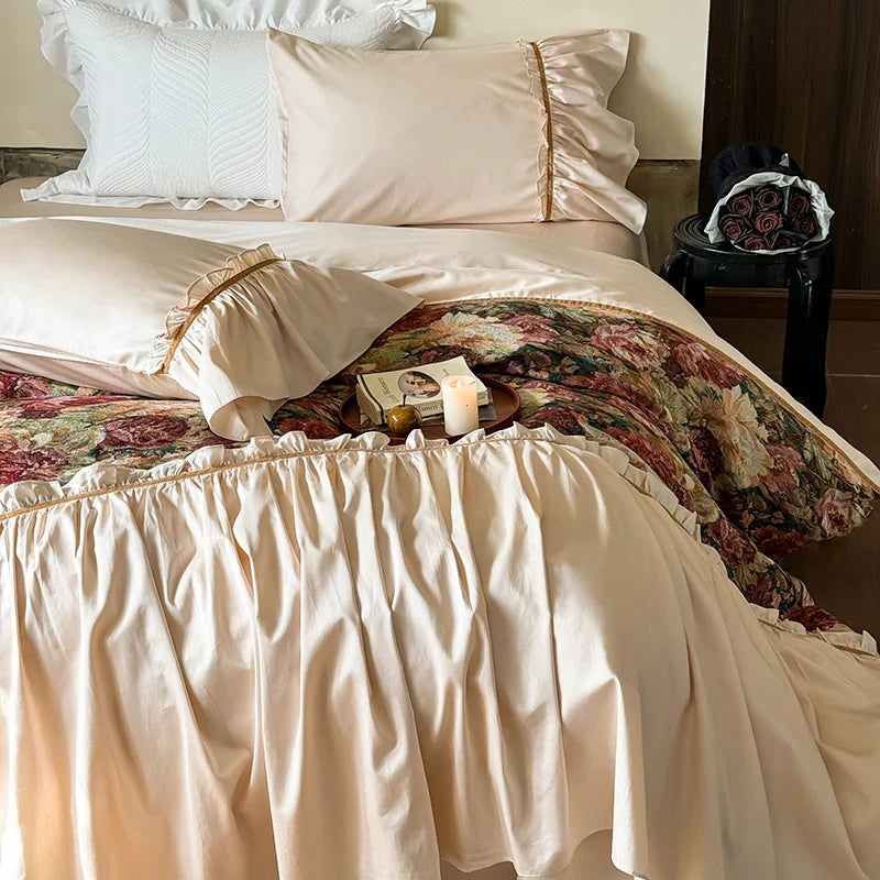 Afralia™ 100S Cotton Vintage Jacquard Lace Ruffles Print Bedding Set