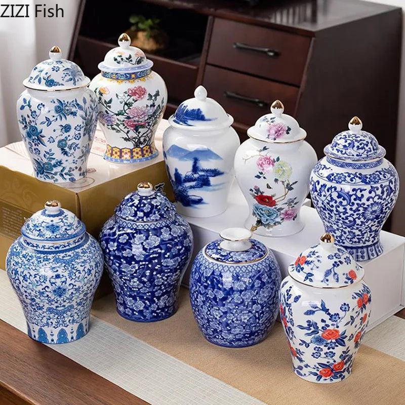 Afralia™ Blue White Porcelain Tea Canister Organizer Box Coffee Container Caddy Jar