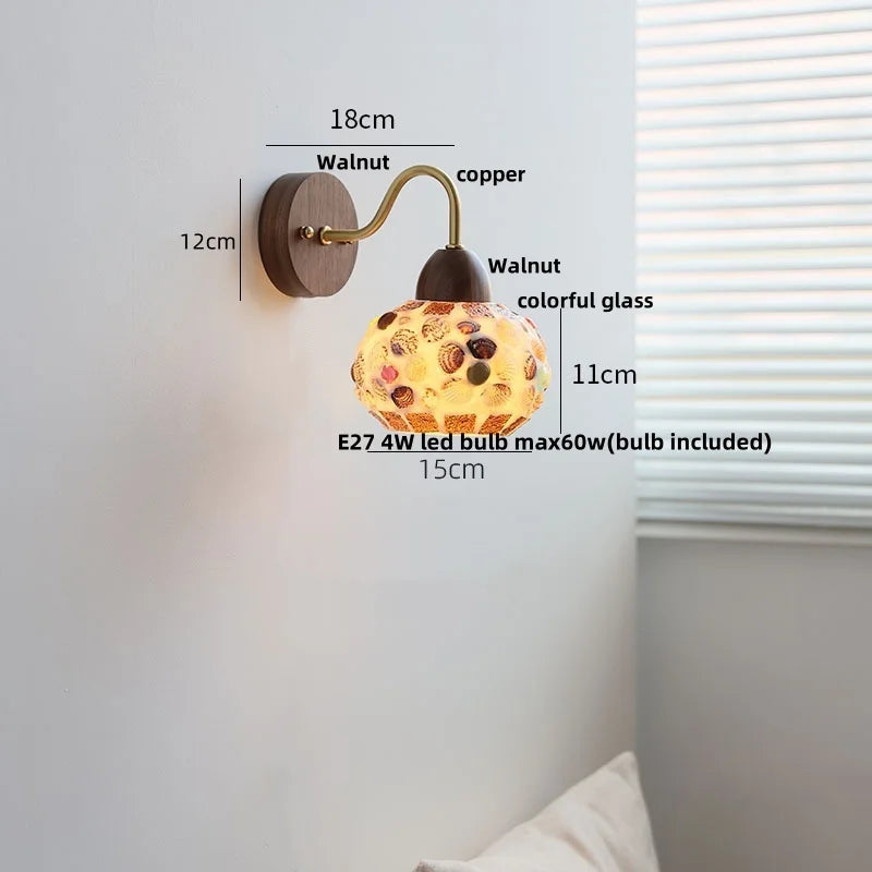 Afralia™ Tiffany Style LED Wall Sconce Walnut Wood Glass Stair Light.