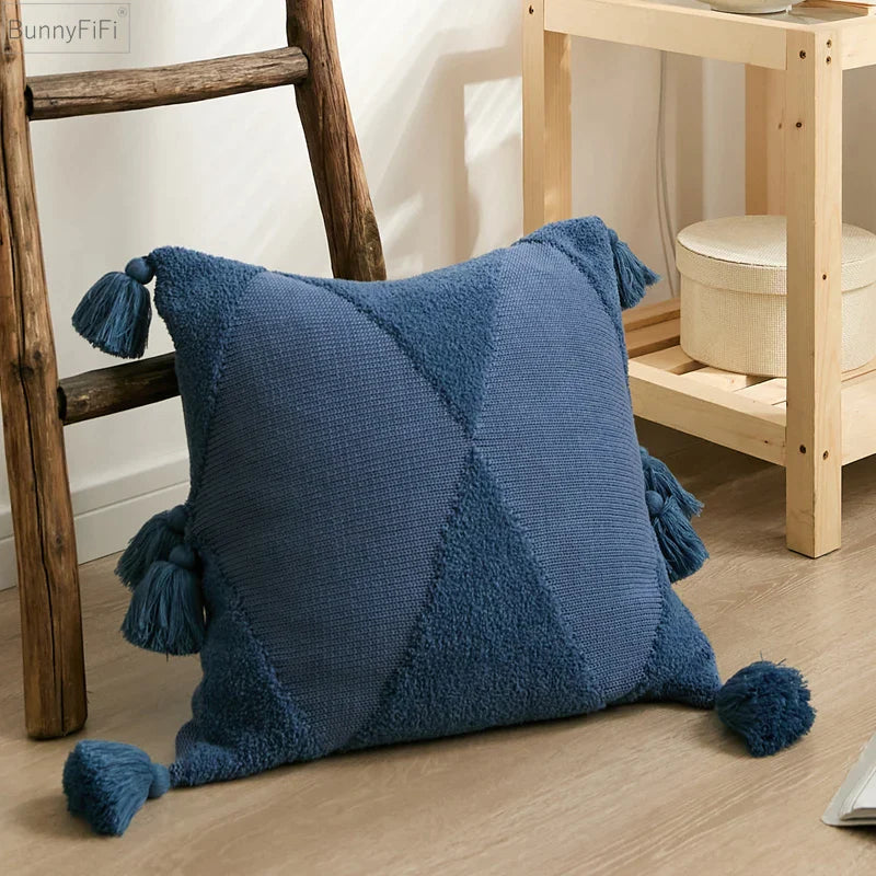 Afralia™ Knitted Mustard Blue Tassel Cushion Cover for Home Sofa Bed Decor