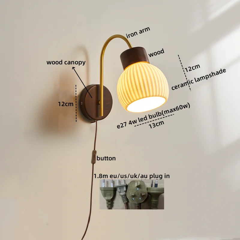 Afralia™ Ceramic Wood LED Wall Lights Modern Bedside Lamp for Home Decor
