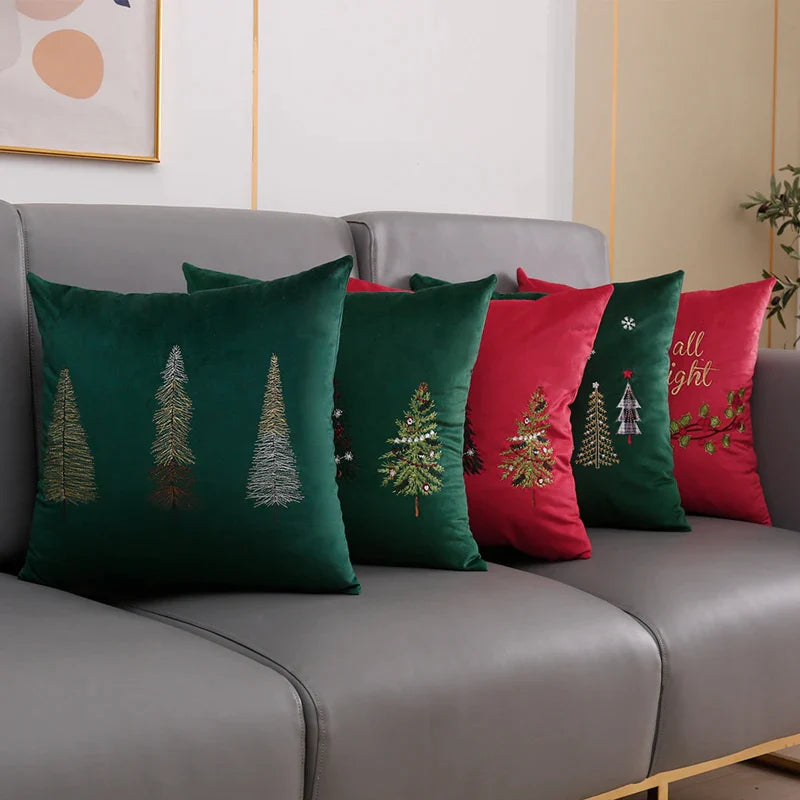 Afralia™ Christmas Tree Snowflake Embroidery Cushion Cover - Red Green Square Pillow Case
