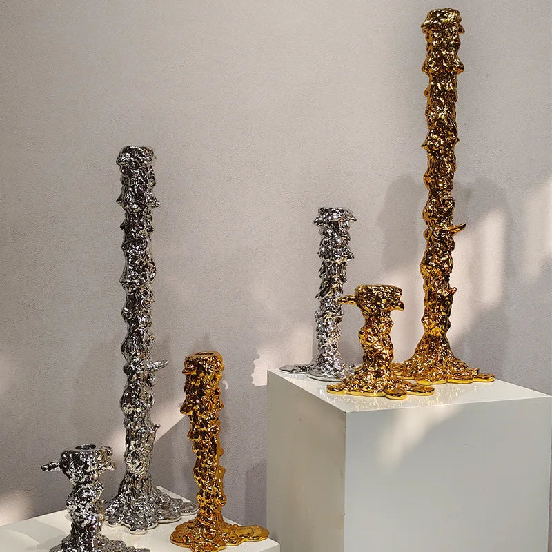 Afralia™ Golden Candlestick Holder Resin Plated Melt Shape for Wedding & Home Decor