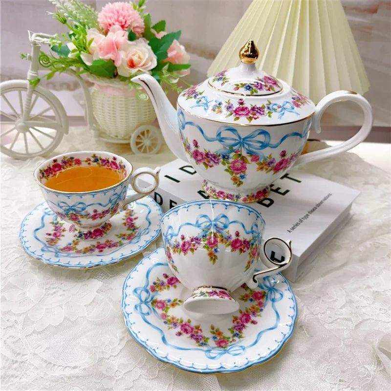 Afralia™ Tea & Coffee Set: Retro Pot, Cup, Saucer, Bow Pot, and Cup Set for Home Kitchen