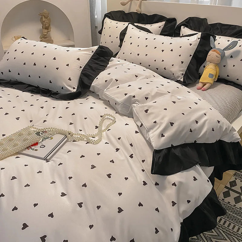 Afralia™ Princess Style Ruffles Duvet Cover Set with Flower Print and Pillow Case