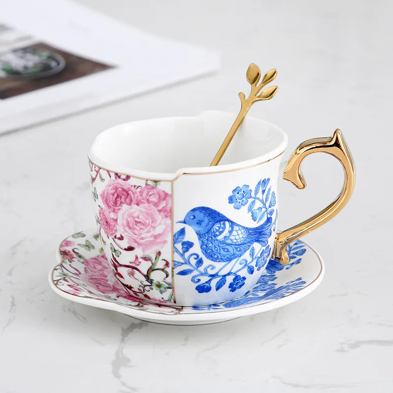 Afralia™ Flowers Bird Pattern Ceramic Tea & Coffee Mug Saucer Set Dining Table Cup