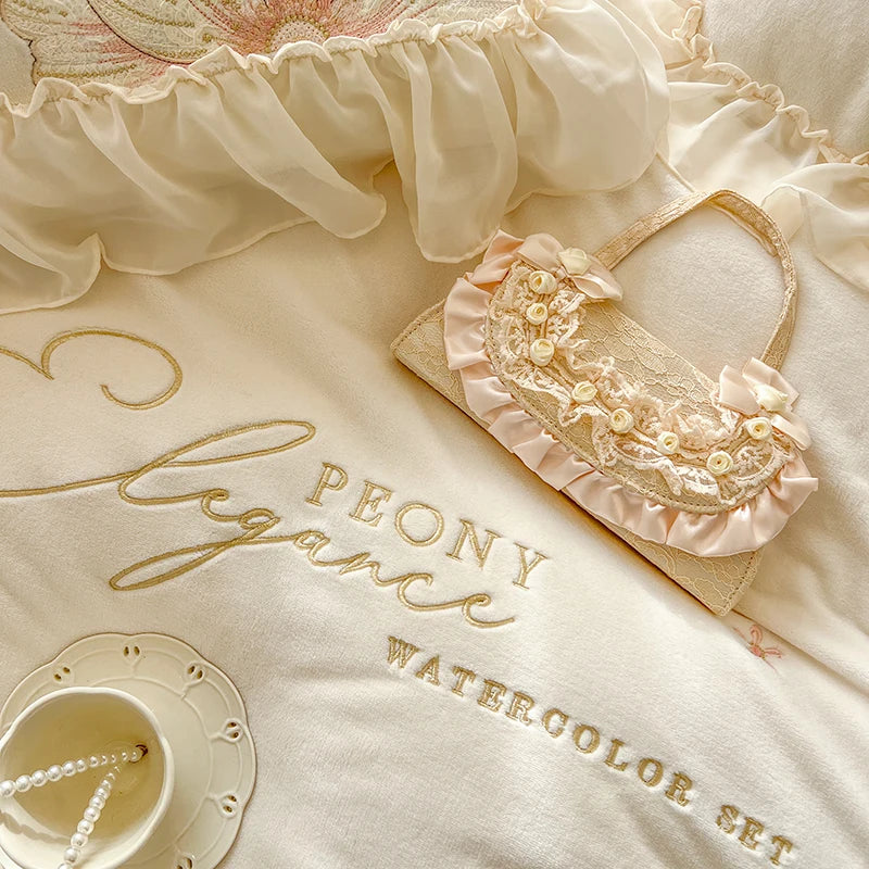 Afralia™ French Princess Wedding Bedding Set, Lace Ruffles, Flowers Embroidery.