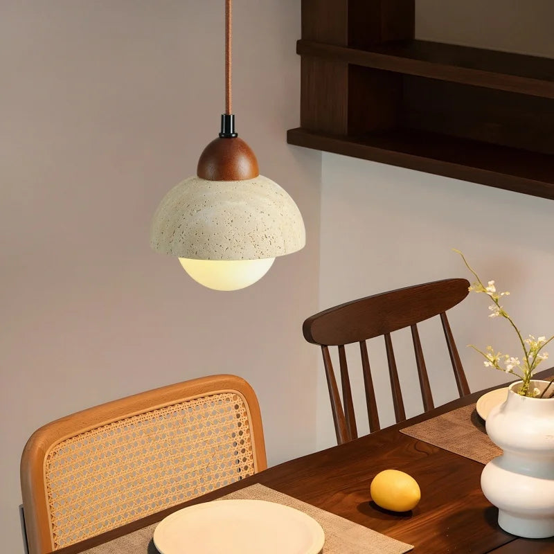 Afralia™ Vintage Stone LED Hanging Lamp Wood Yellow Travertine Pendant Lighting