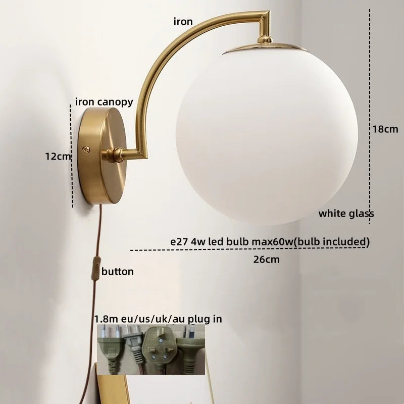 Afralia™ LED Glass Iron Wall Light with Pull Chain Switch for Corridor Living Room Bedroom