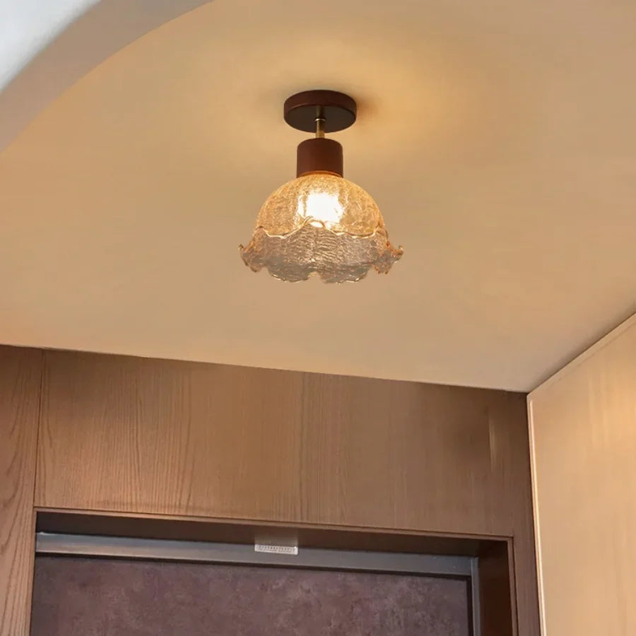 Afralia™ Amber Ice Crack Glass Wood Ceiling Light - Nordic Modern LED Fixture